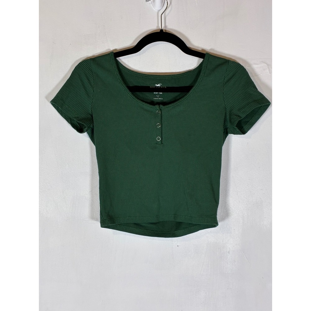 Hollister Women's Small Emerald Green Ribbed Henley Baby Tee Crop Top